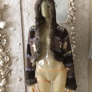 Hoodie cropped Sweater Fur trim Flannel lining - S